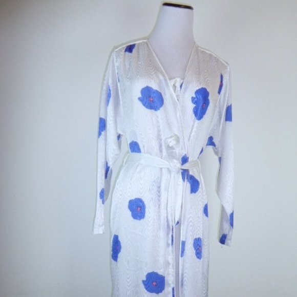 Givenchy NEIMAN MARCUS peignoir robe night gown blue floral slky set S M vintage - Picture 3 of 13